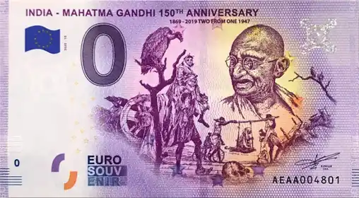Banconota da 0€ INDIA - MAHATMA GANDHI 150th ANNIVERSARY 1869-2019 TWO FROM ONE 1947