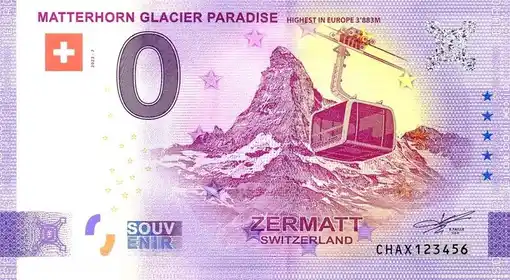 0€-Schein MATTERHORN GLACIER PARADISE HIGHEST IN EUROPE 3'883M