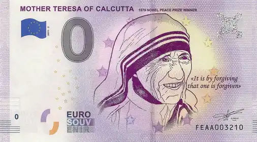 Billete de 0€ MOTHER TERESA OF CALCUTTA 1979 NOBEL PEACE PRIZE WINNER