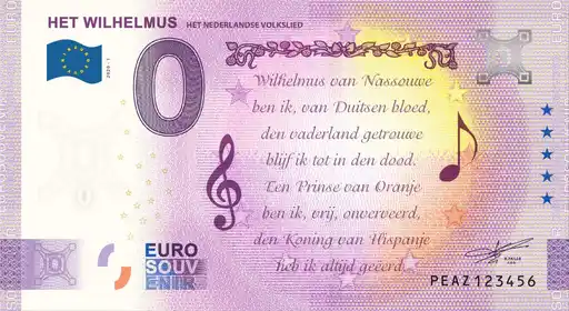 Banconota da 0€ HET WILHELMUSHET NEDERLANDSE VOLKSLIED