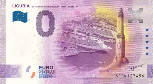 Banconota da 0€ LIGURIAIL PORTO ANTICO E LA LANTERNA DI GENOVA
