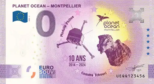 Banconota da 0€ PLANET OCEAN - MONTPELLIER Module Philae 10 ANS 2014 - 2024 Comète Tchouri