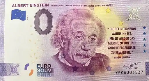 Banconota da 0€ ALBERT EINSTEININ EINER WELT OHNE ZINSEN IST MANCHES EINFACH ANDERS