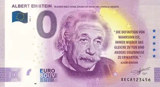 Banconota da 0€ ALBERT EINSTEININ EINER WELT OHNE ZINSEN IST MANCHES EINFACH ANDERS