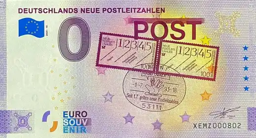 0€ banknote DEUTSCHLANDS NEUE POSTLEITZAHLEN
