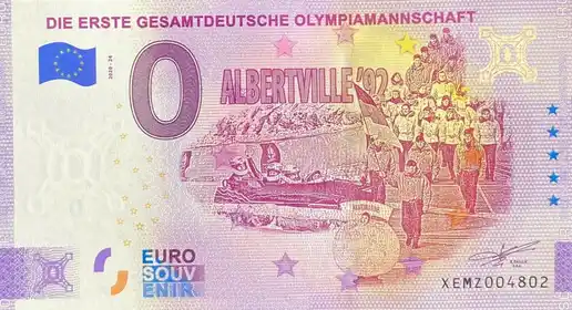 0€ banknote DIE ERSTE GESAMTDEUTSCHE OLYMPIAMANNSCHAFT