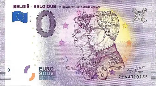 0€ banknote BELGIË - BELGIQUE20 JARIG HUWELIJK 20 ANS DE MARIAGE